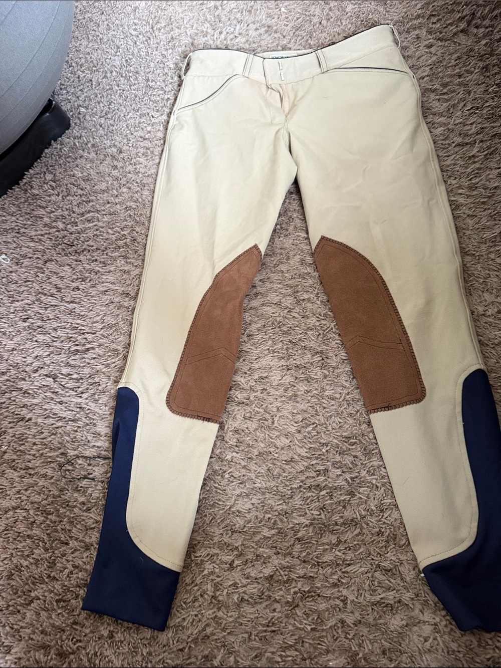Beige Riding Trousers with Brown Knee Patches and Navy Ankles